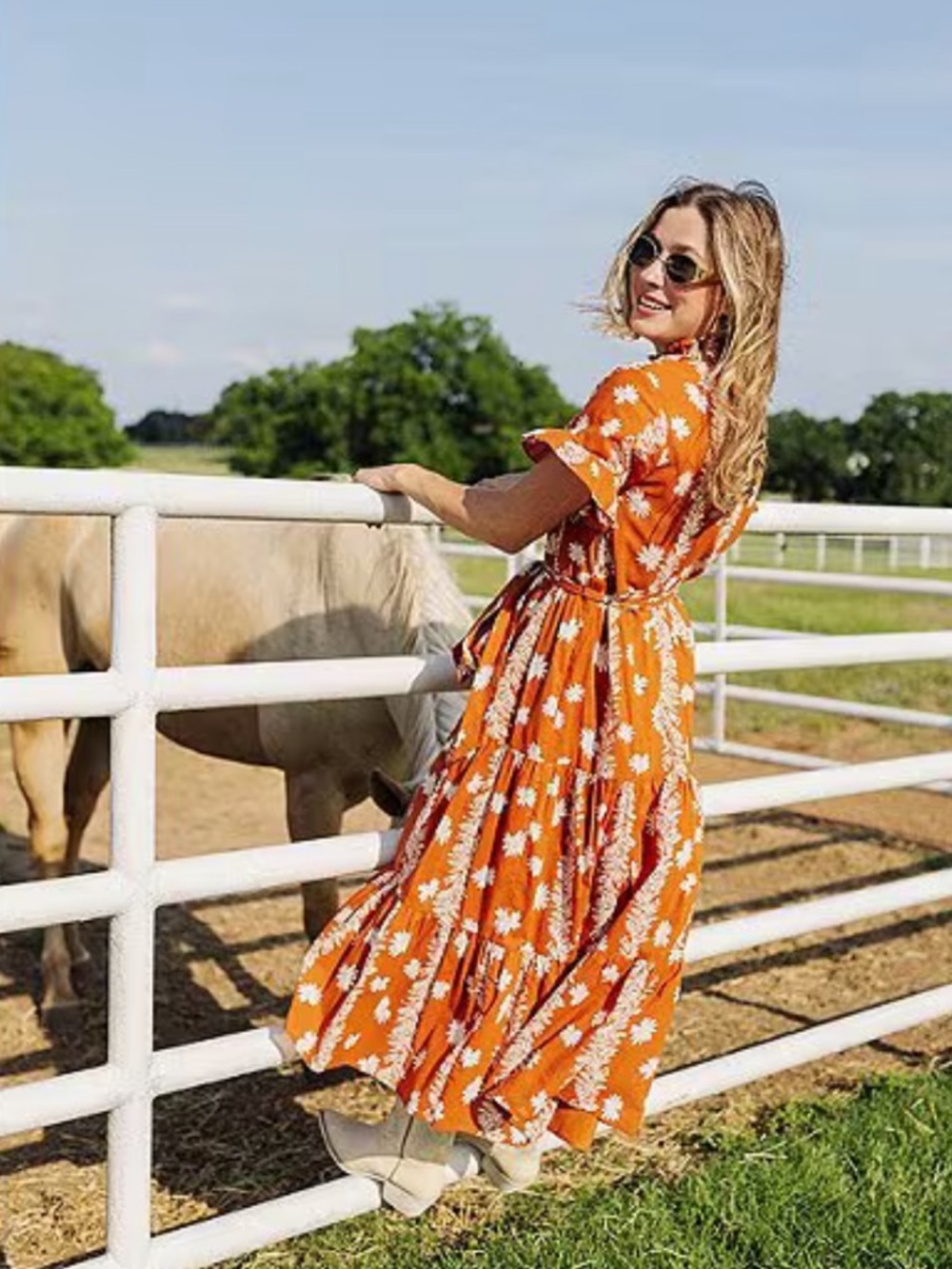 J. Marie Aubrey Burnt Orange Floral Button Up Belted Cotton Midi Dress NWT $180 - Picture 3 of 16